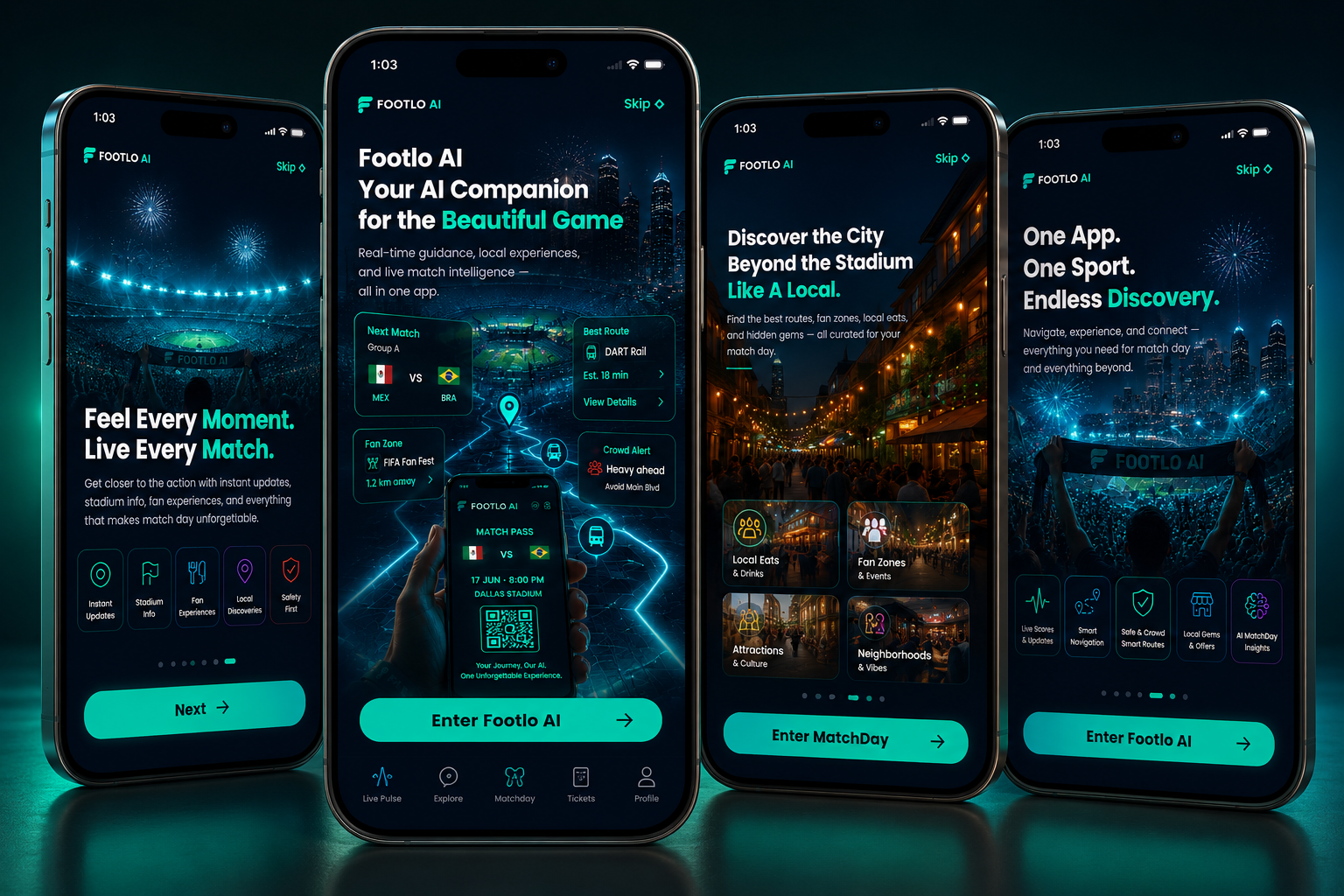 Footlo AI mobile app mockups showing matchday features