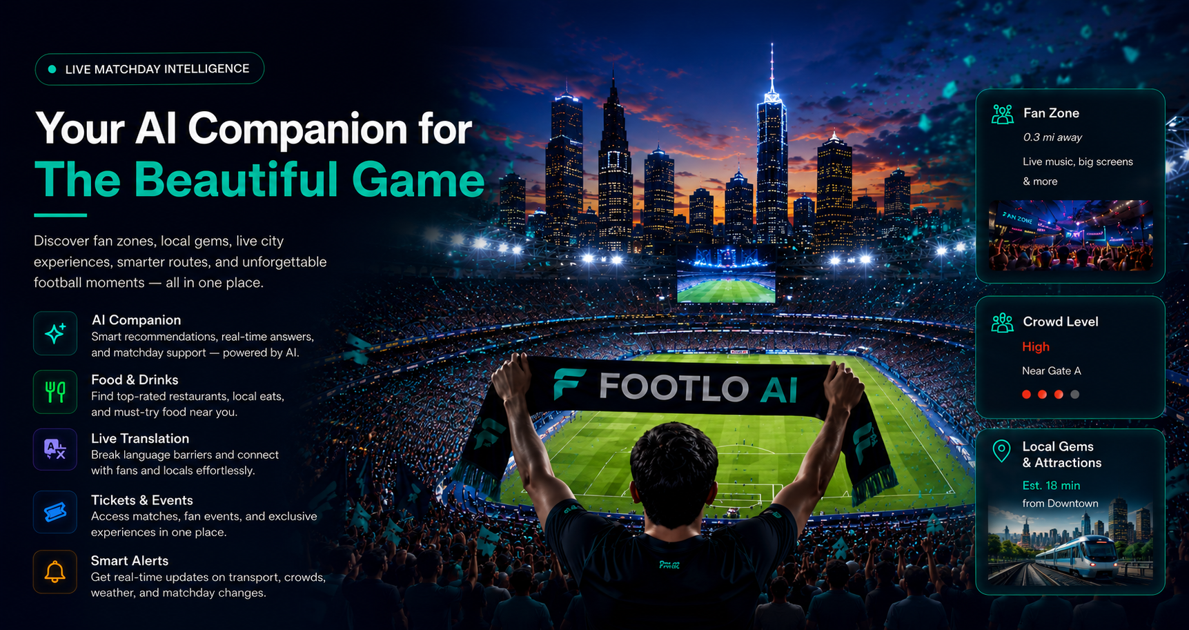 Footlo AI - Your AI Companion for The Beautiful Game - Live Matchday Intelligence showing fan zones, stadium, routes, and local gems